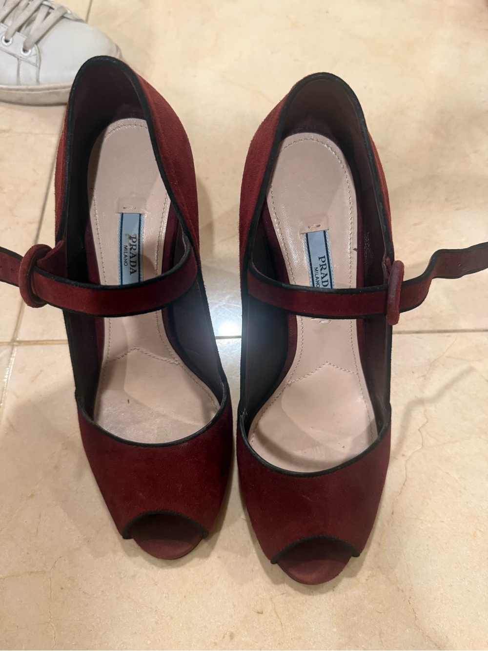 Prada Burgundy Suede Mary Jane Peep-Toe Heels
